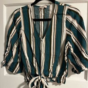 Green stripe tie front top